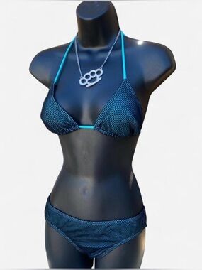 Y2k Neon Blue & Black Fishnet Bikini Set